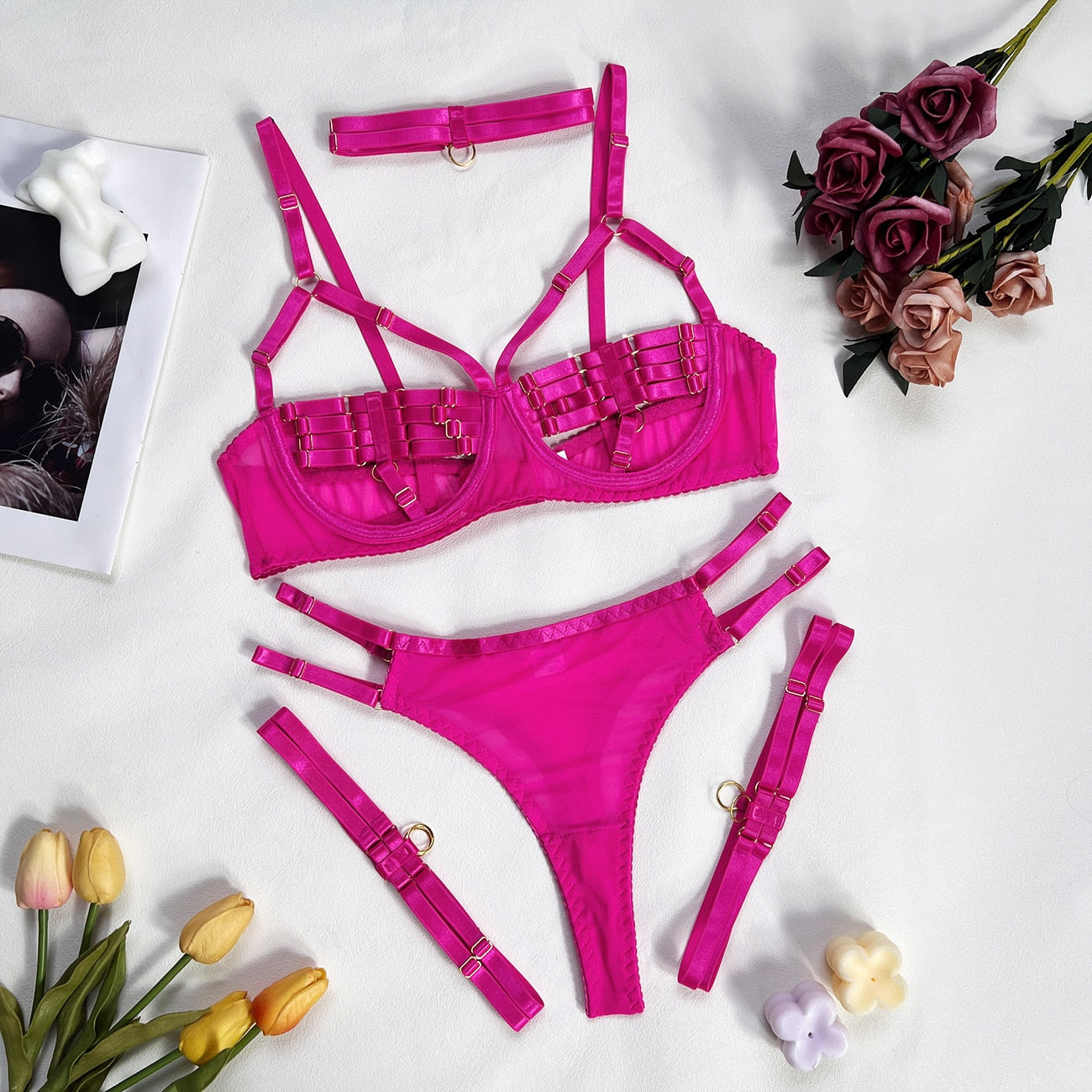 4-Piece Bandage Erotic Set Women Choker Cut Out Solid Vintage Purple Sexy Lingerie Set Breif Kit