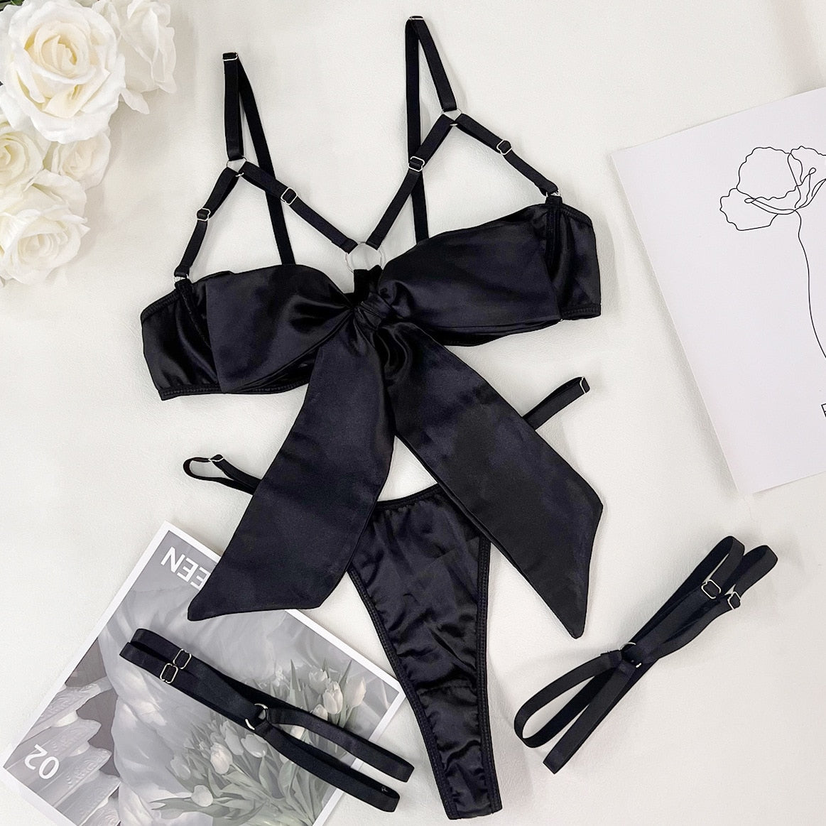 3-Piece Cut Out Bow Lingerie Set 4 Colors Satin Cute Erotic Set Solid Brief Underwear Set Nightwear