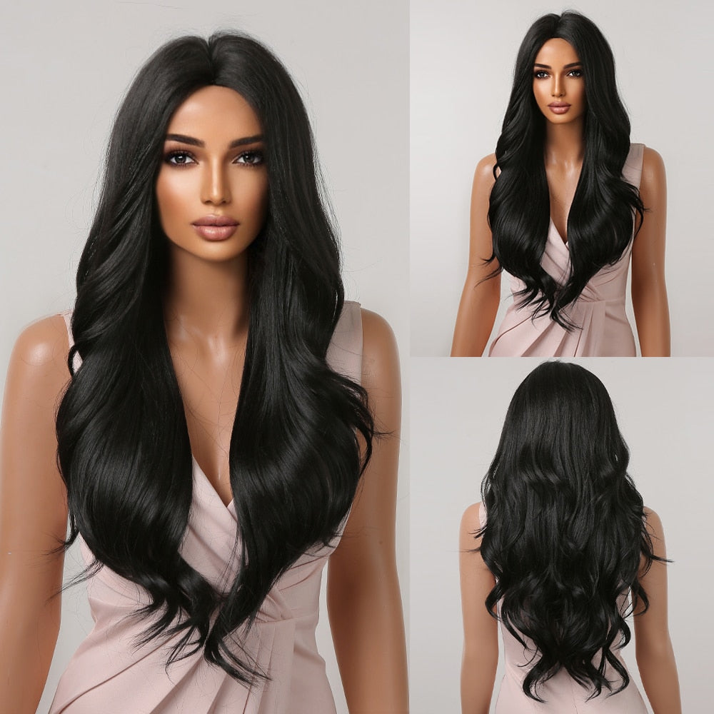 Brown Long Curly Wavy Synthetic Wigs with Blonde Highlights