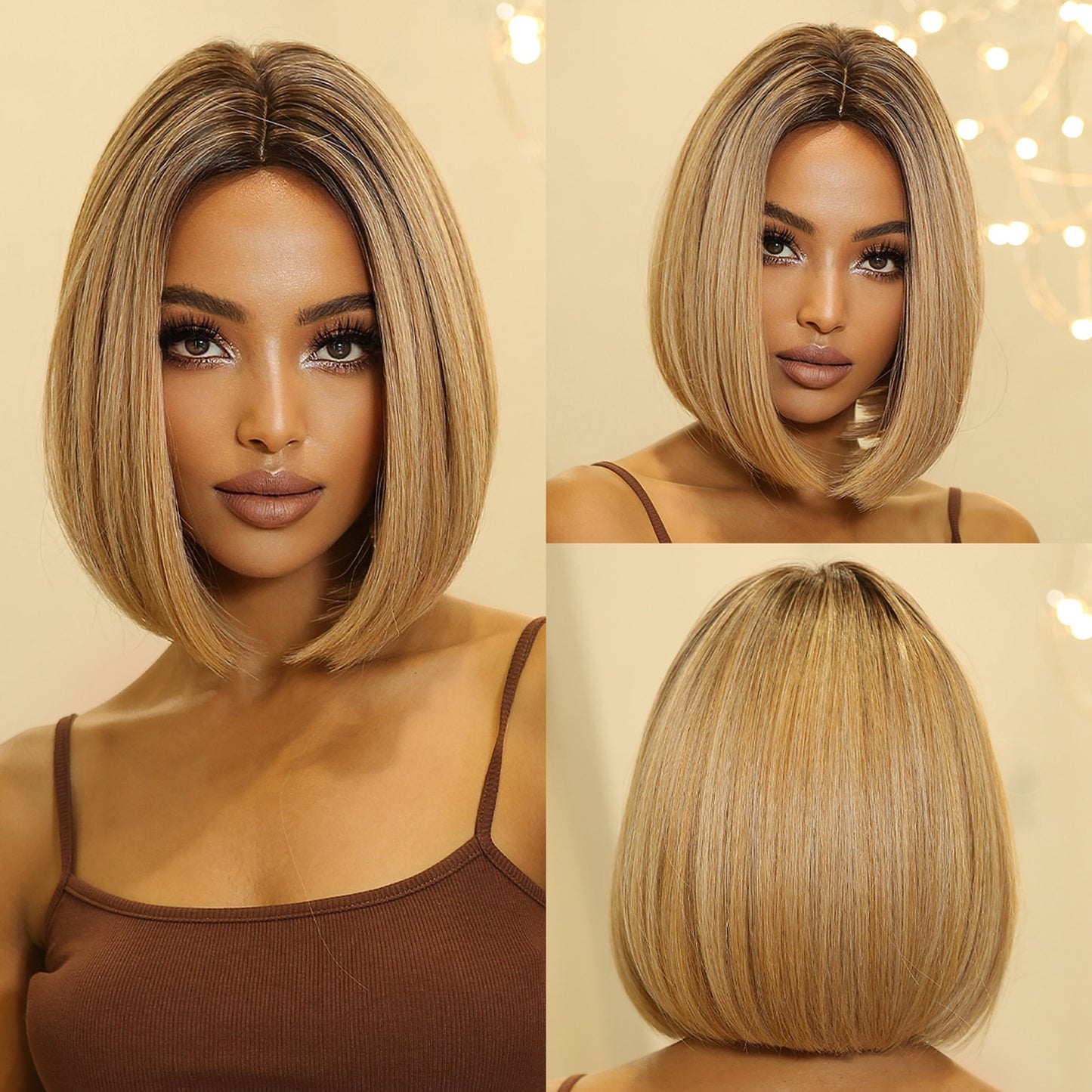 Orange Ombre Brown Short Straight Synthetic Wigs with Bangs