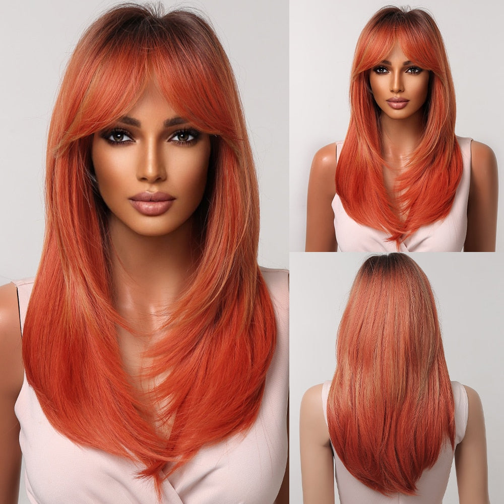 Pink Brown Ombre Straight Medium Lenght Synthetic Wigs