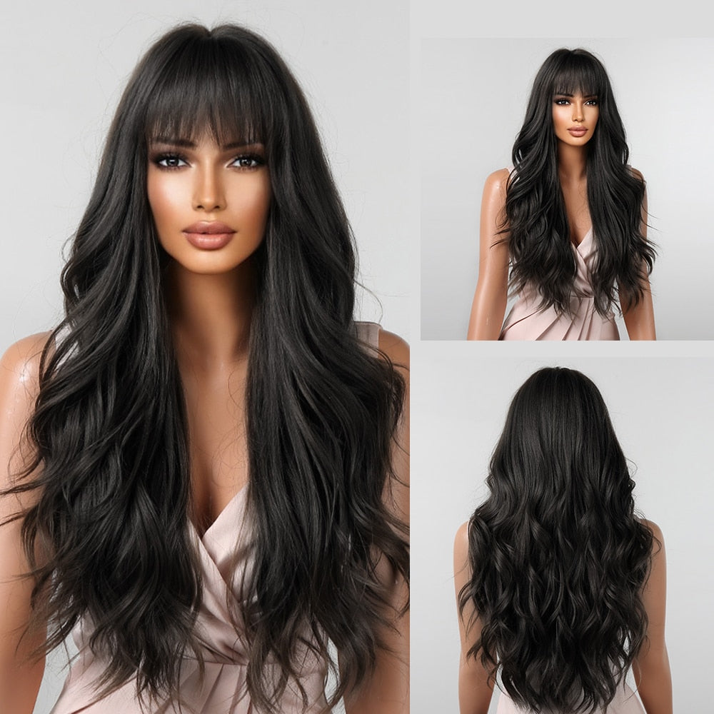 Dark Ombre Wine Red Brown Synthetic Long Wavy Wigs with Bangs