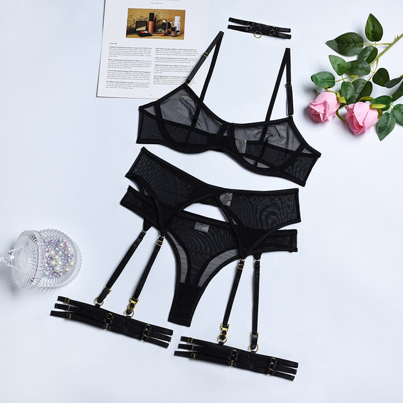 4-Piece Lingerie Set Women Mesh Garter Panty Underwear Set 8 Colors Transparent Sexy Lingerie Set