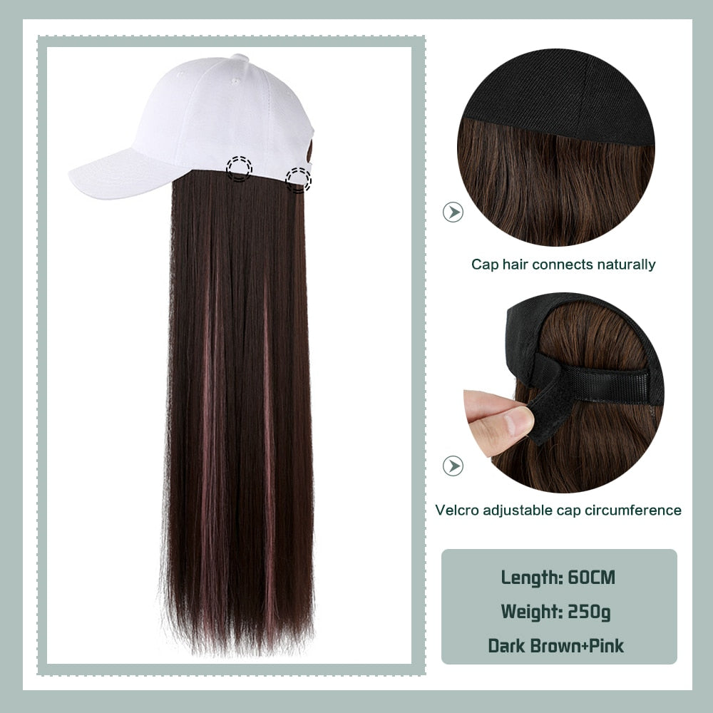 Black White Baseball Cap with Wig Long Straight Hair Curly Hair Hat Wig