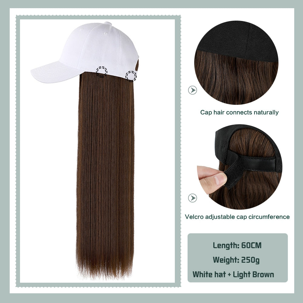 Black White Baseball Cap with Wig Long Straight Hair Curly Hair Hat Wig