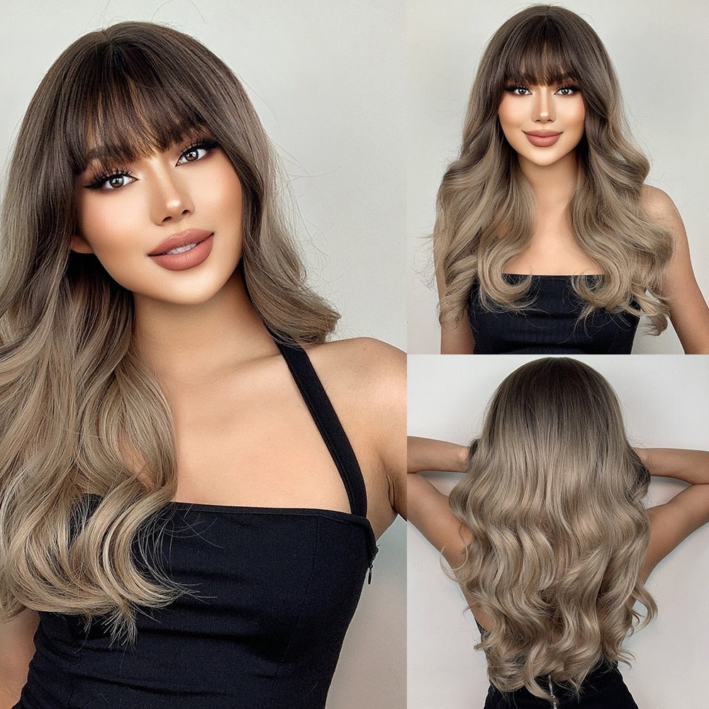 Long Black Wavy Synthetic Wigs with Bangs