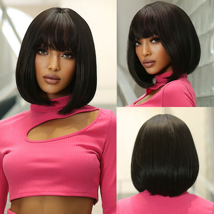 Purple Pink Ombre Black Short Straight Synthetic Wigs with Bangs Bob