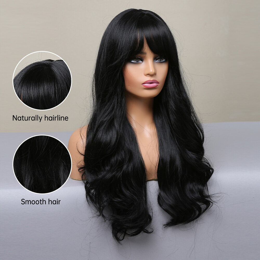 Long Black Wavy Synthetic Wigs with Bangs