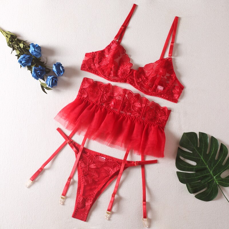 Lace Bra Set Women Transparent Mesh Patchwork Sexy Lingerie Set Floral Garter Brief Underwear Set