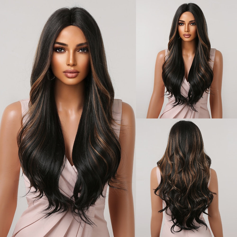 Brown Long Curly Wavy Synthetic Wigs with Blonde Highlights