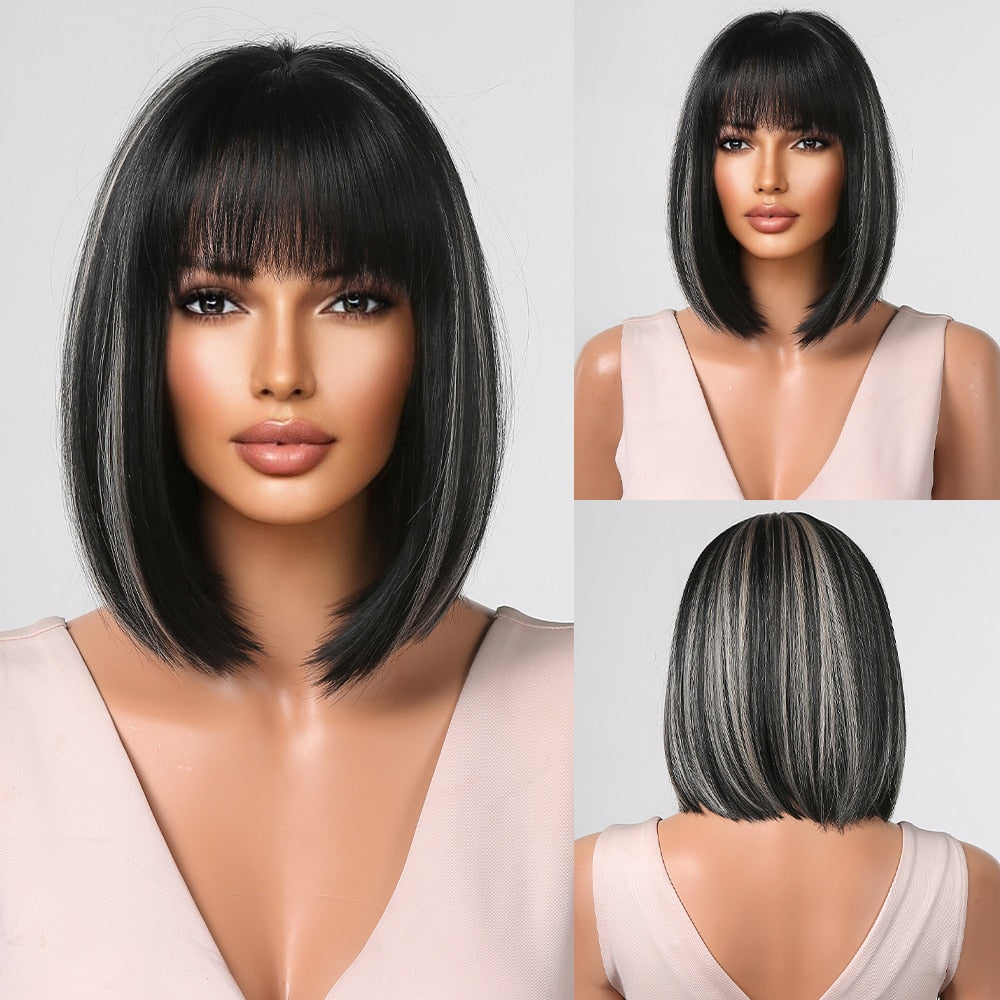 Orange Ombre Brown Short Straight Synthetic Wigs with Bangs