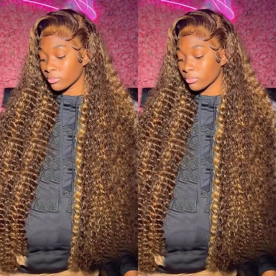 30 34 Inch Honey Blonde Highlight Ombre Lace Front Wig Curly Human Hair Wigs Deep Wave Frontal Wigs