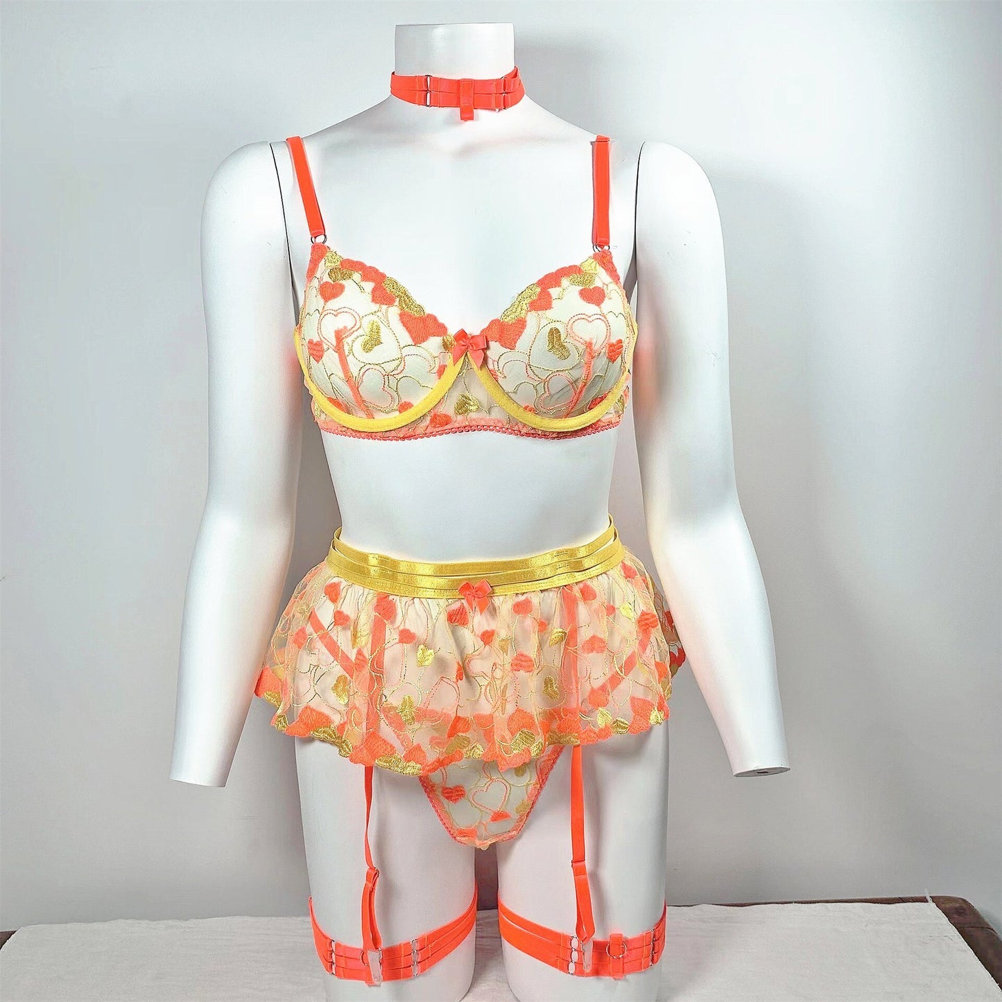 Lace Exotic Sets 3 Piece Girls Contrast Sweetheart Underwire Lingerie Embroidered Ruffle Garter Set