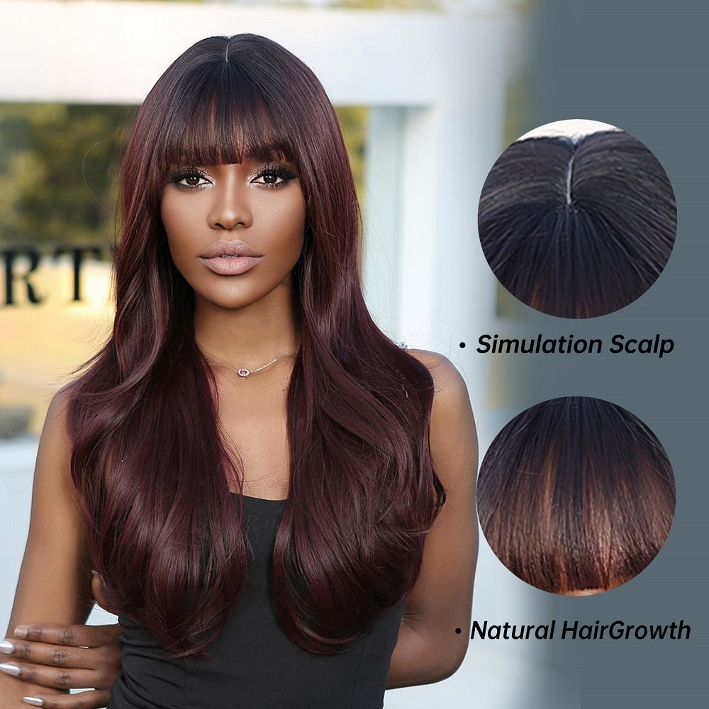 Dark Ombre Wine Red Brown Synthetic Long Wavy Wigs with Bangs