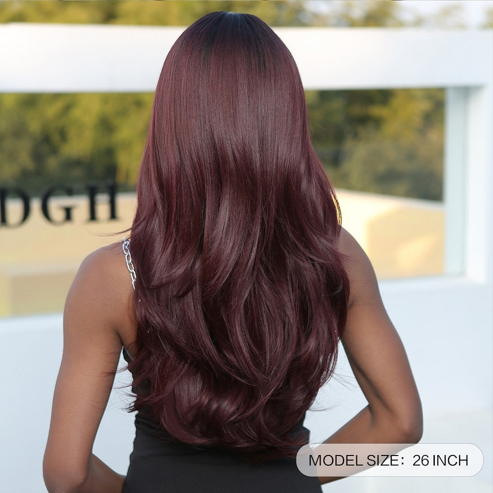 Dark Ombre Wine Red Brown Synthetic Long Wavy Wigs with Bangs