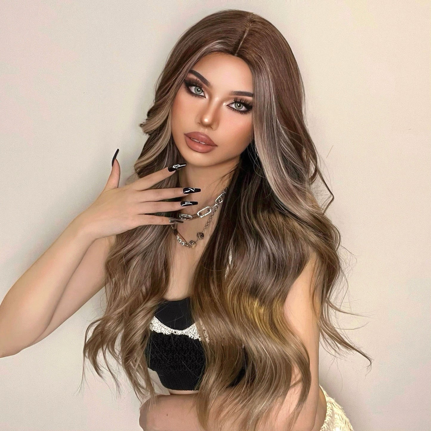 Natural Long Wavy Ombre Brown Blonde Highlight Synthetic Wigs