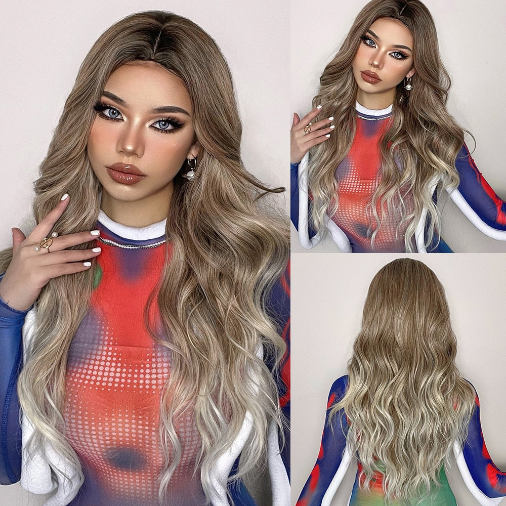 Natural Long Wavy Ombre Brown Blonde Highlight Synthetic Wigs