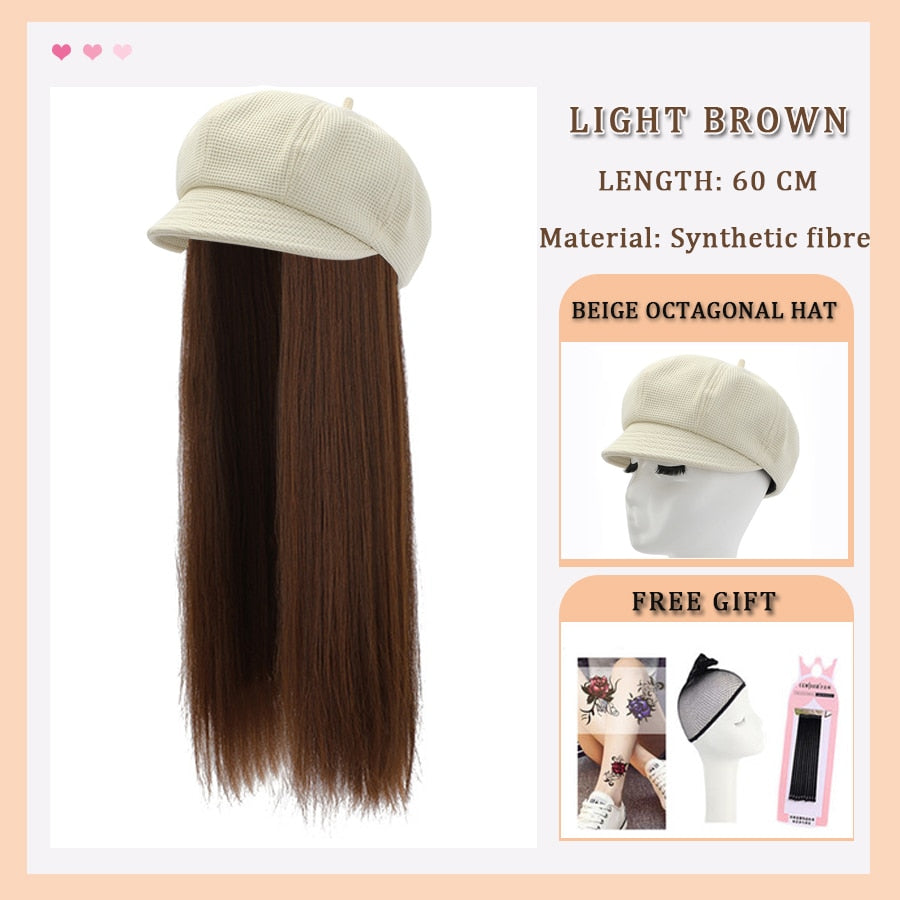 Black White Baseball Cap with Wig Long Straight Hair Curly Hair Hat Wig