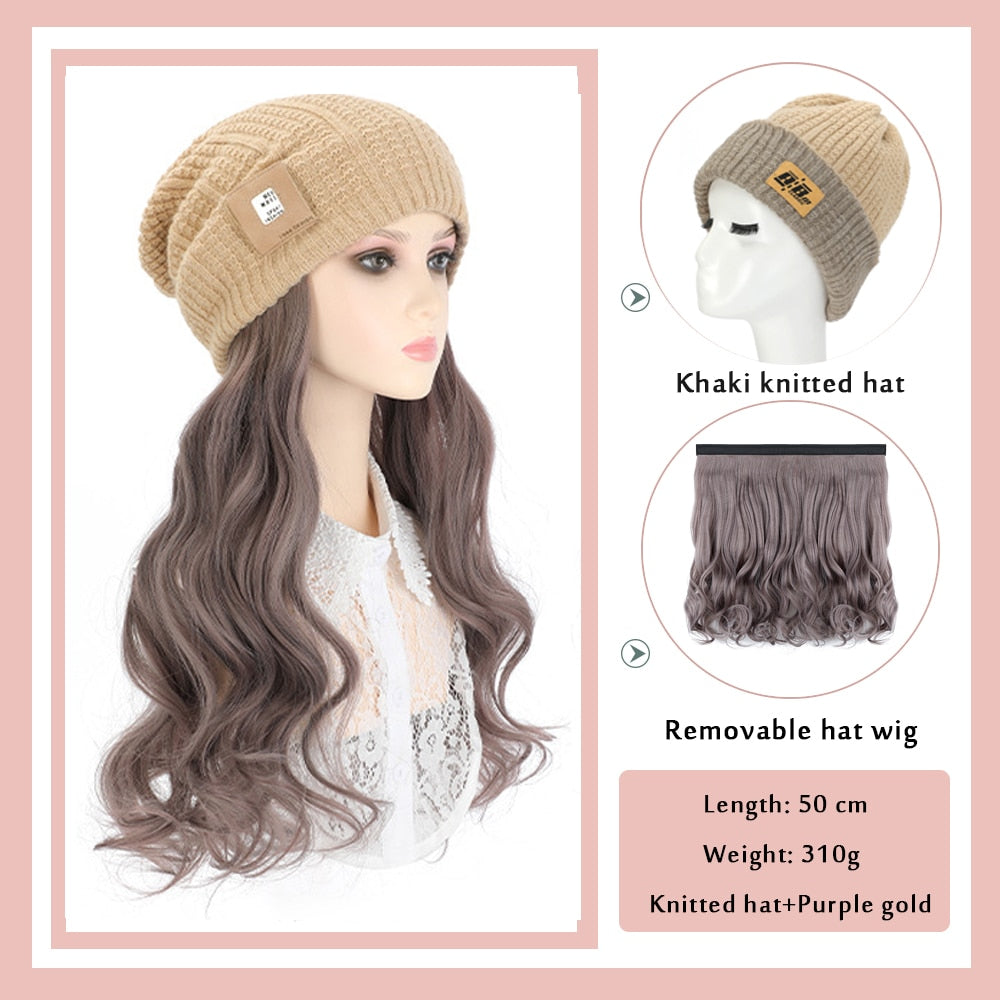 Black White Baseball Cap with Wig Long Straight Hair Curly Hair Hat Wig