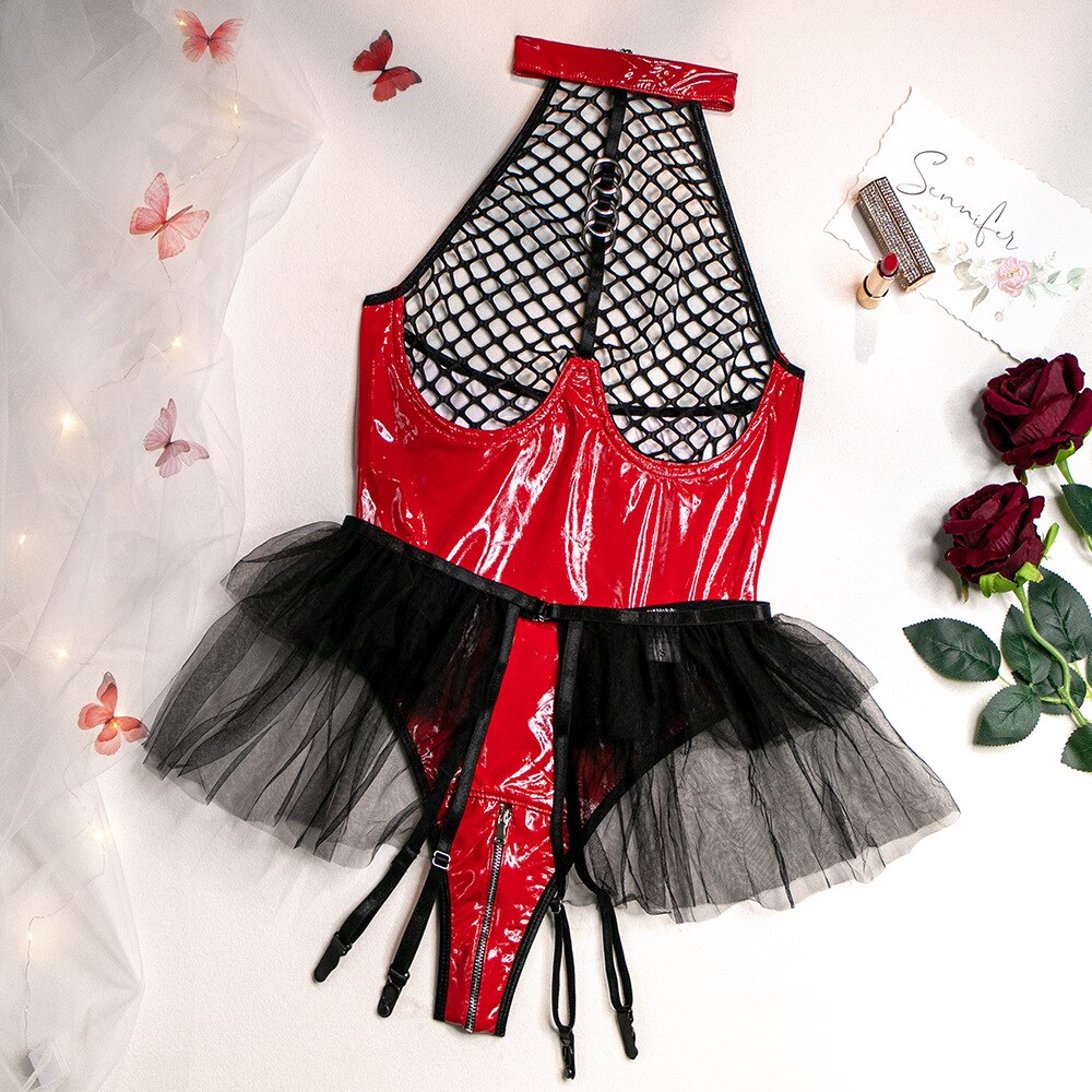 One Piece PU Leather Women Bodysuit Mesh Patchwork Black Bodysuit Sexy Erotic Body Femme Clubwear Overalls
