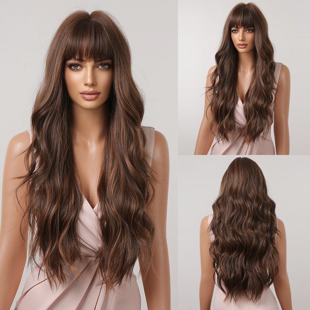 Long Wavy Brown Blonde Highlight Synthetic Wigs with Bang