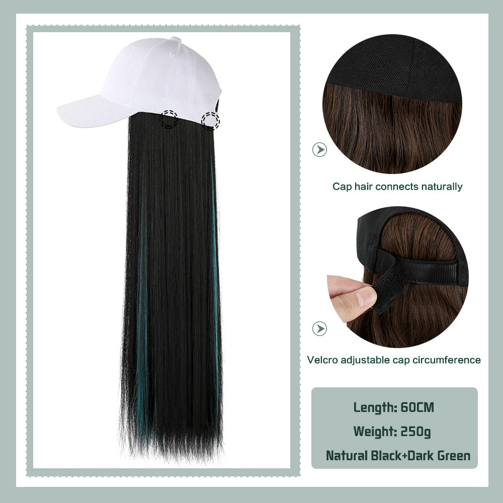 Black White Baseball Cap with Wig Long Straight Hair Curly Hair Hat Wig