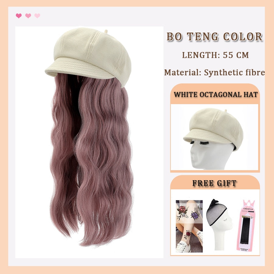 Black White Baseball Cap with Wig Long Straight Hair Curly Hair Hat Wig