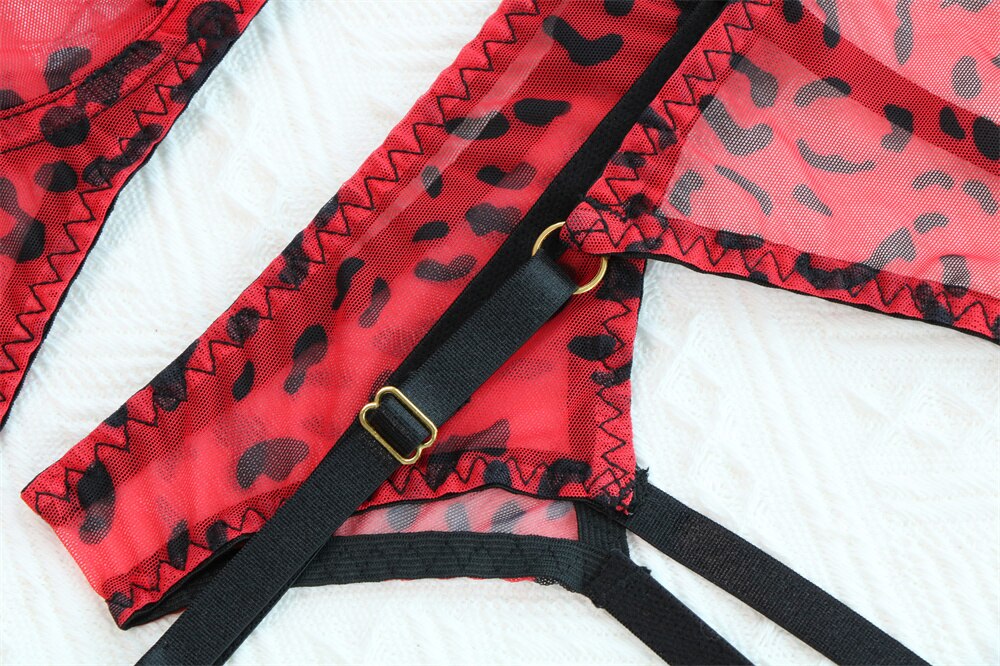 4-Piece Leopard Mesh Lingerie Set Women Sexy Thong Underwear Set Red Garter Exotic Set with Stockings
