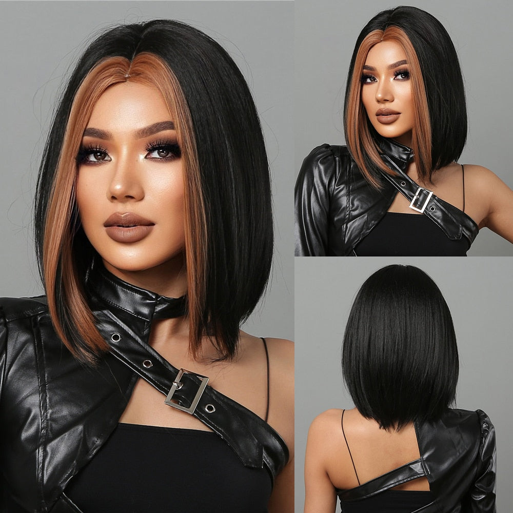 Orange Ombre Brown Short Straight Synthetic Wigs with Bangs