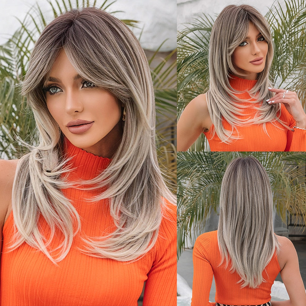 Medium Length Brown Highlight Layered Synthetic Wigs Natural Straight Hairs Wig