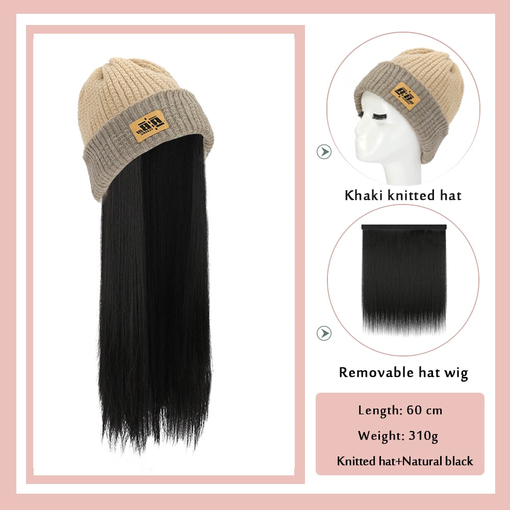 Black White Baseball Cap with Wig Long Straight Hair Curly Hair Hat Wig