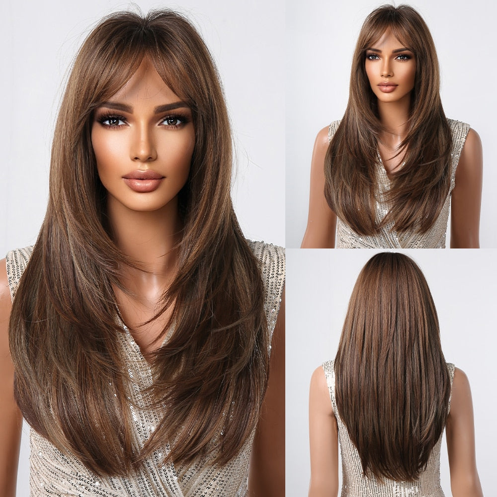 Pink Brown Ombre Straight Medium Lenght Synthetic Wigs