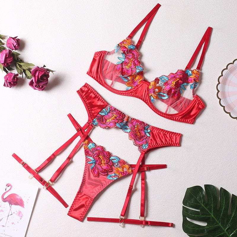 3-Piece Contrast Color Lace Bra Set Women 10 Colors Embroidery Panty Underwear Set Ladies Blue Sexy Lingerie Set