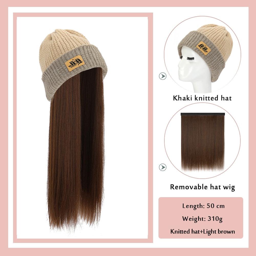Black White Baseball Cap with Wig Long Straight Hair Curly Hair Hat Wig