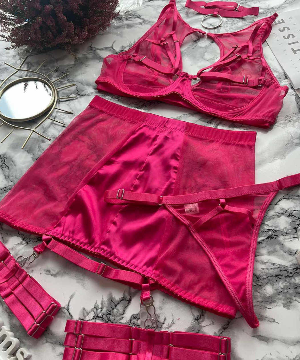 5-Piece Mesh Lingerie Set Black/red Choker Underwear Set Gothic Sexy Fancy Set Sleepwear