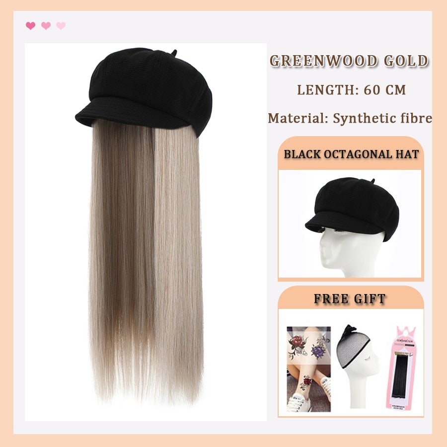 Black White Baseball Cap with Wig Long Straight Hair Curly Hair Hat Wig