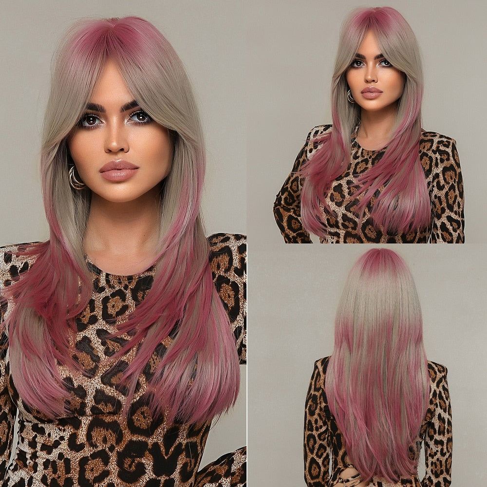 Pink Brown Ombre Straight Medium Lenght Synthetic Wigs