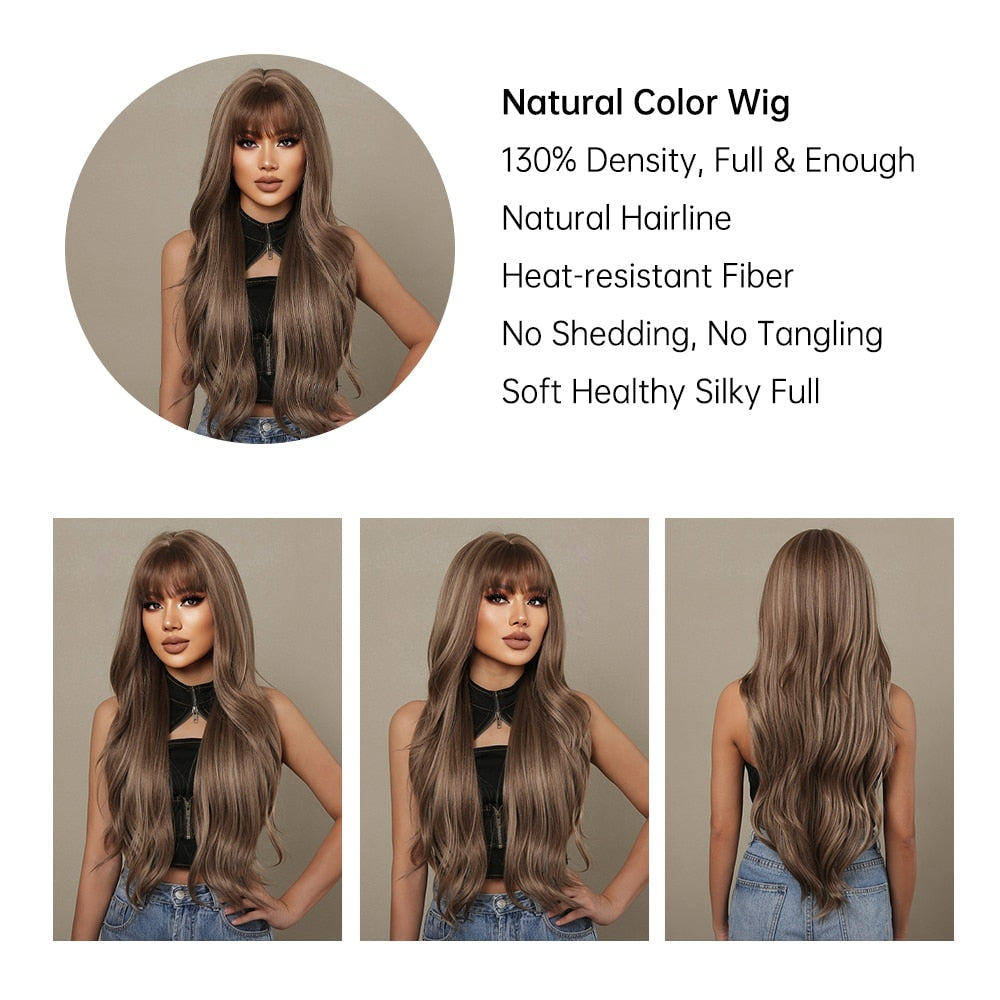 Long Wavy Brown Blonde Highlight Synthetic Wigs with Bang