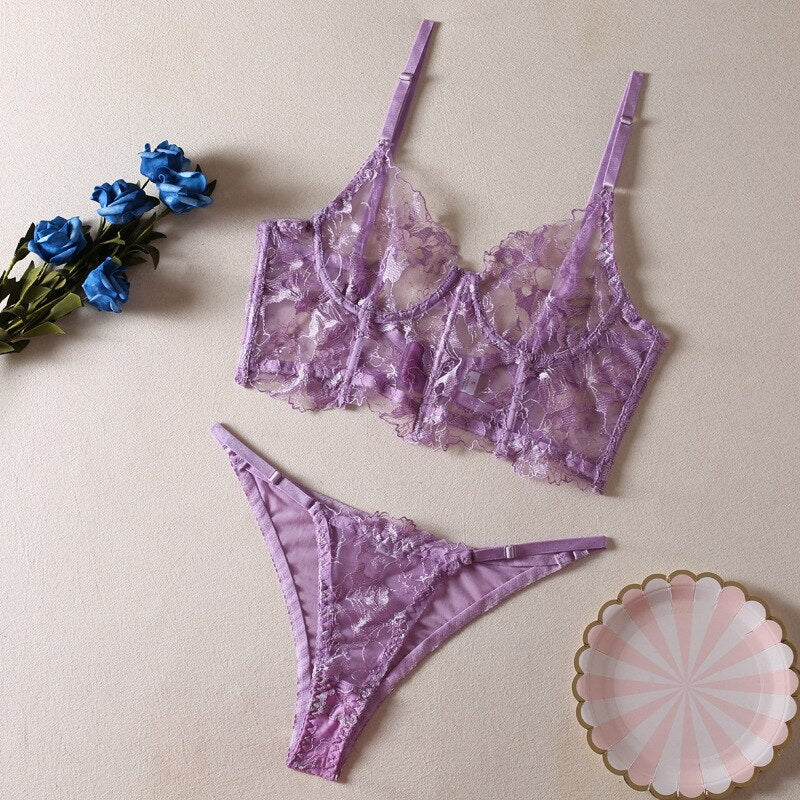 Floral Embroidery Lingerie Set Women 2-Piece Transparent Fancy Sexy Erotic Set Black Brief Kit Clubwear