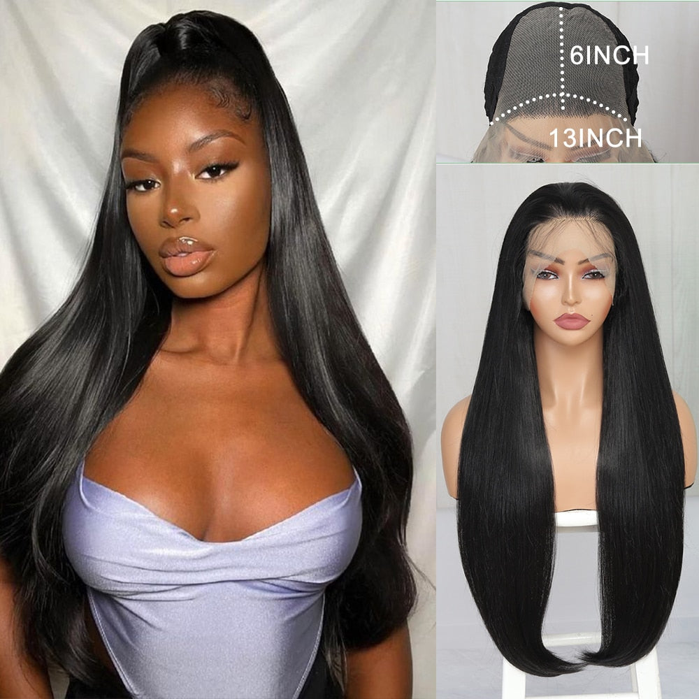32 Inches Long Body Wave Fluffy 6x13 4x13 Synthetic Lace Front Wigs Pre Plucked with Baby Hair