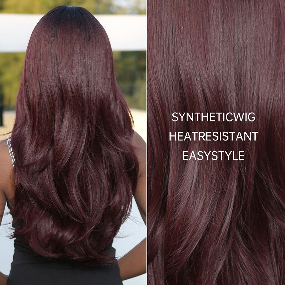 Dark Ombre Wine Red Brown Synthetic Long Wavy Wigs with Bangs