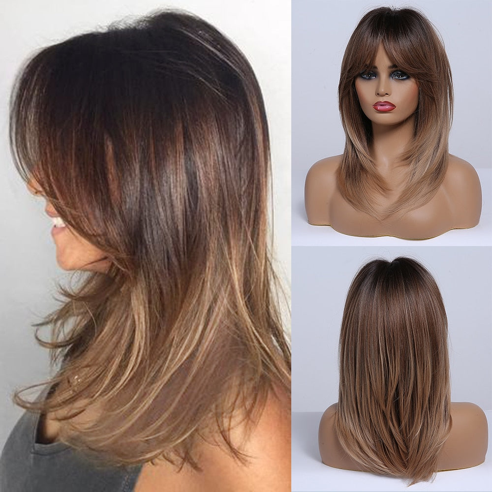 Medium Length Brown Highlight Layered Synthetic Wigs Natural Straight Hairs Wig