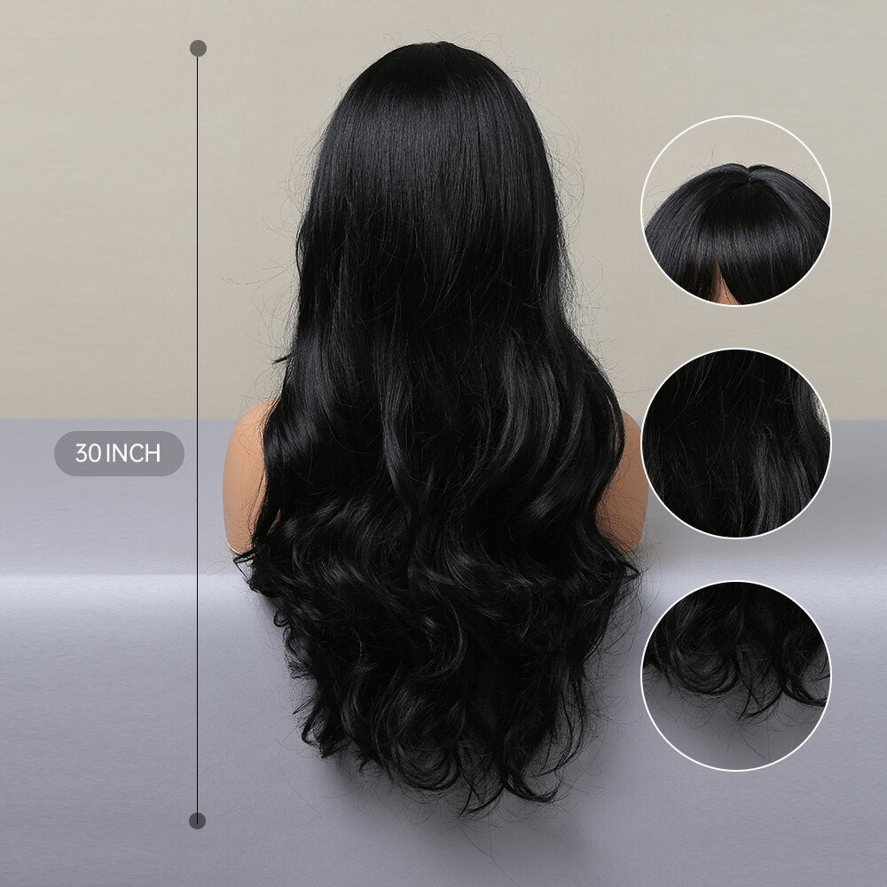 Long Black Wavy Synthetic Wigs with Bangs