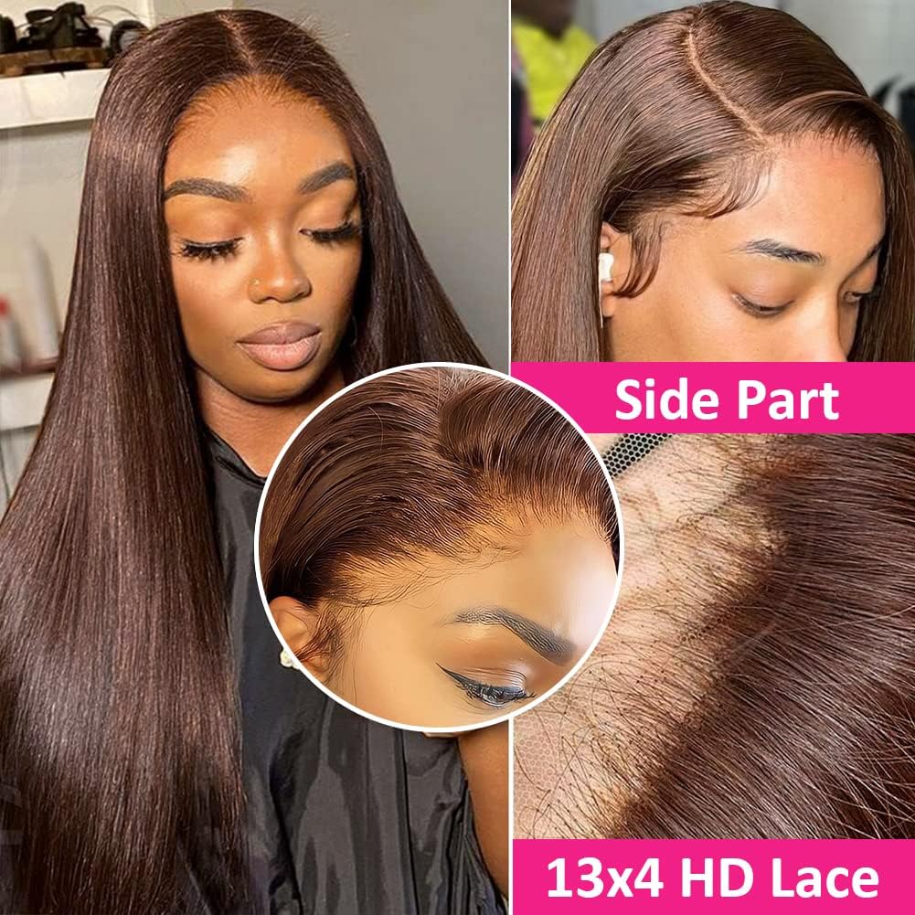 Brown Long Straight Lace Frontal HD Human Hair Wigs