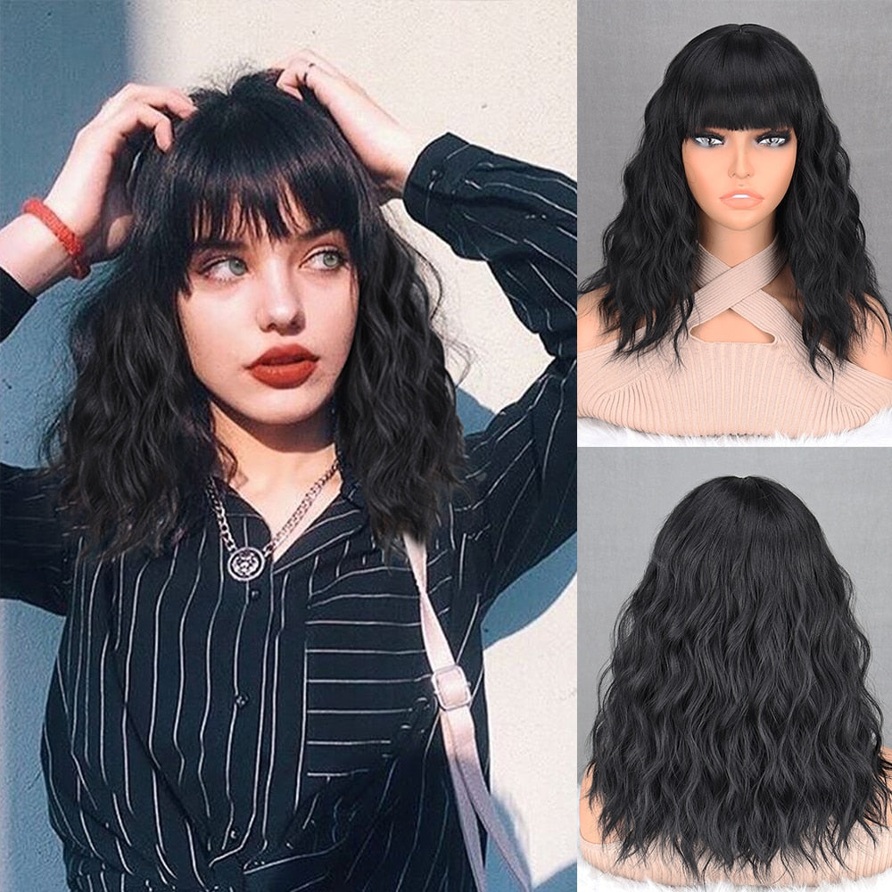 Blonde Wavy Medium Synthetic Wig Women's Bangs Pink Black Wig