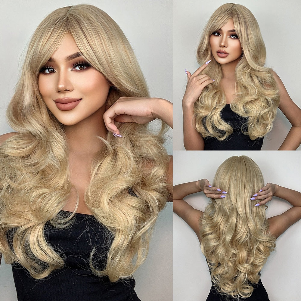 Platinum Blonde Synthetic Curly Long Wavy Wig with Bangs