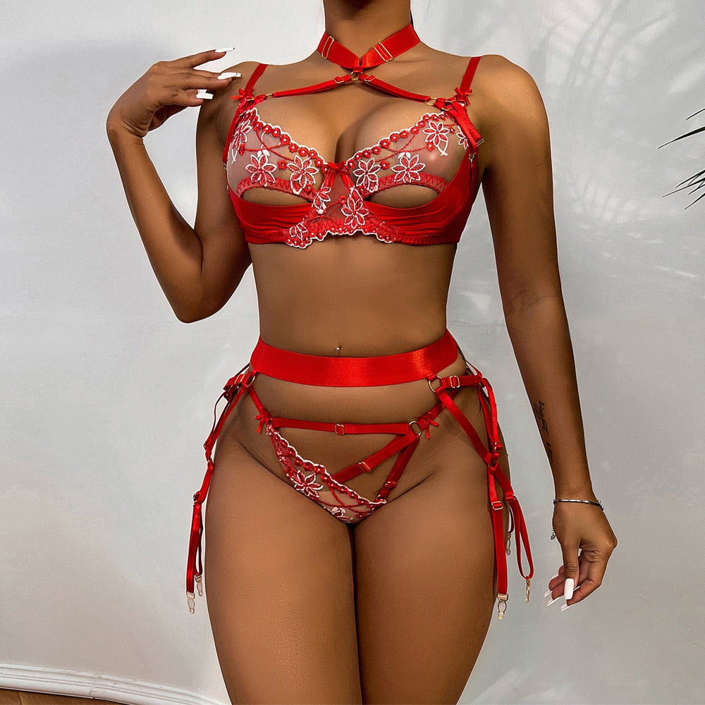 3-Piece Lace Lingerie Set Women Cut Out 5 Colors Embroidery Floral Erotic Set Pink Bandage Sexy Brief Kit