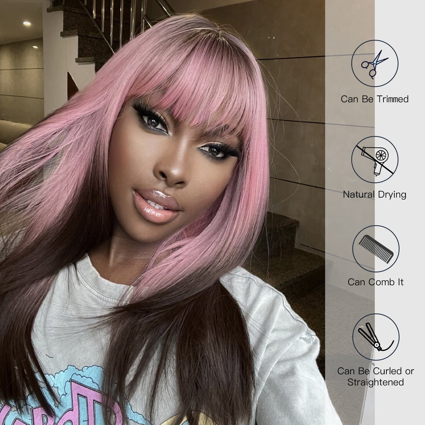 Pink Brown Ombre Straight Medium Lenght Synthetic Wigs