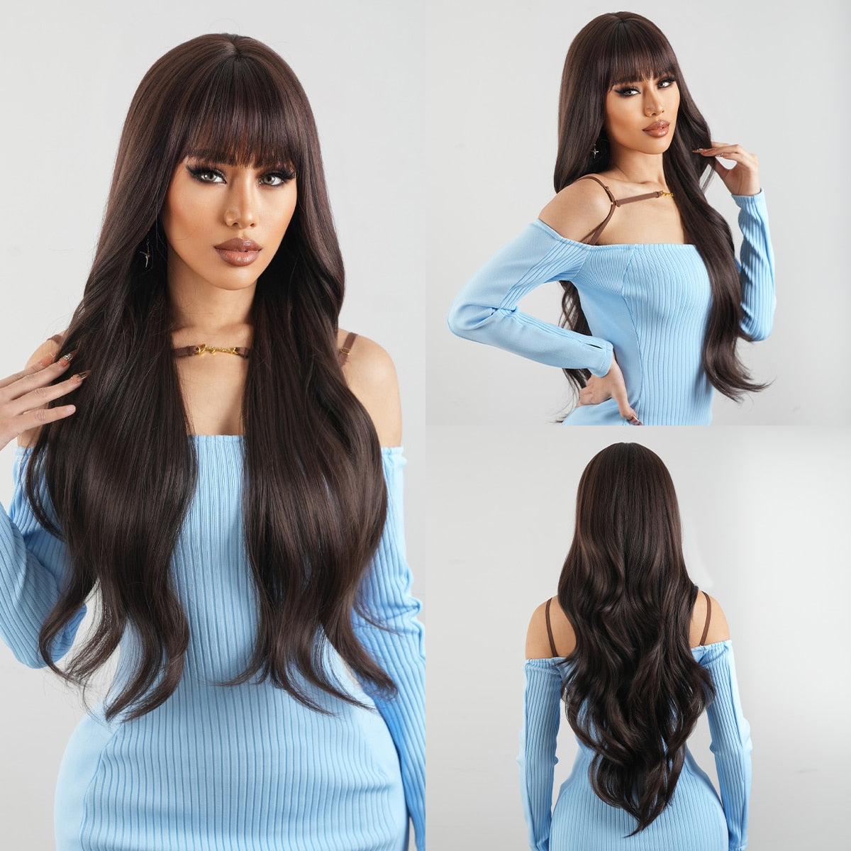 Dark Ombre Wine Red Brown Synthetic Long Wavy Wigs with Bangs