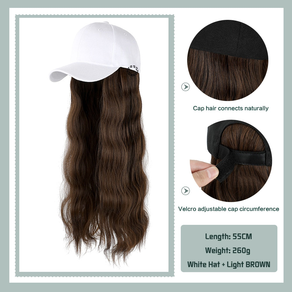 Black White Baseball Cap with Wig Long Straight Hair Curly Hair Hat Wig